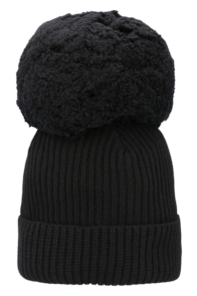 Shop Alberta Ferretti Knitted Wool Beanie With Pom-pom In Black