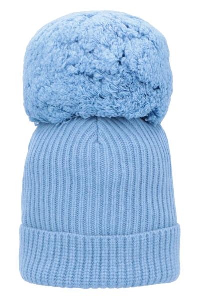 Shop Alberta Ferretti Knitted Wool Beanie With Pom-pom In Blue