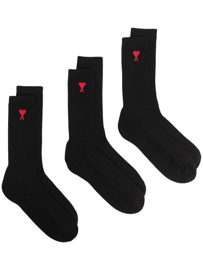 Shop Ami Alexandre Mattiussi Black Cotton Three-pack Socks In Nero