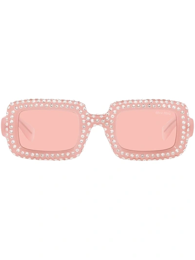 Shop Miu Miu Crystal-embellished Rectangle-frame Sunglasses In Rosa