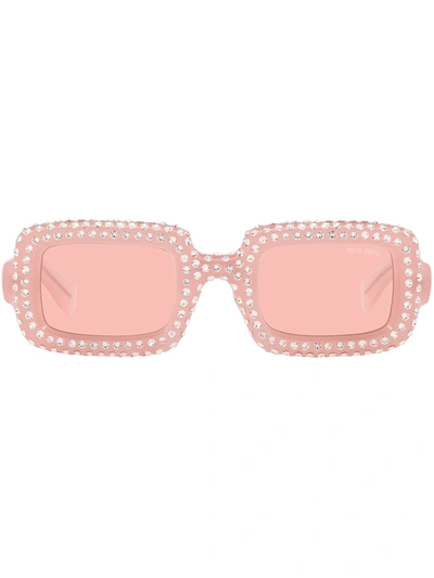 Miu Miu Crystal-embellished Rectangle-frame Sunglasses In Rosa