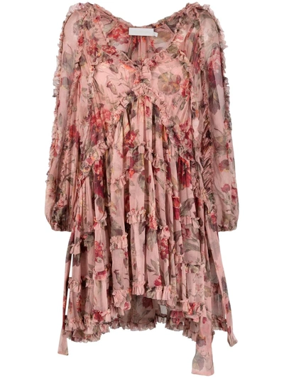 Shop Zimmermann Ruffled-trim Floral Smock Dress In Rosa