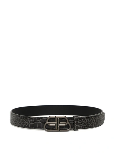 Shop Balenciaga Croc-embossed Bb Logo Belt Dark Grey