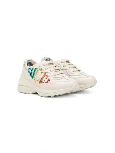 Shop Gucci Logo Print Sneakers In Neutrals