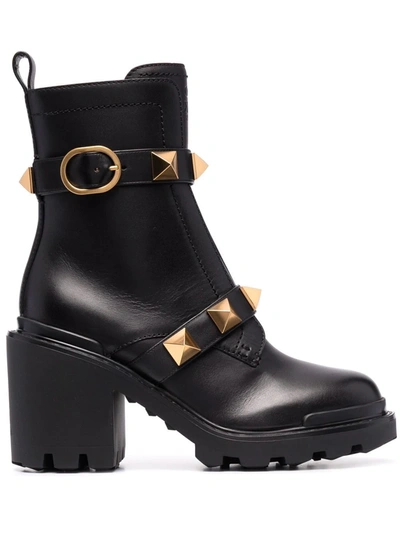 Shop Valentino Roman Stud Buckled Ankle Boots In Black
