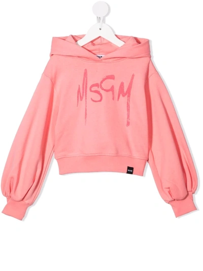 Msgm Teen Paint Stroke Logo-print Hoodie In Pink