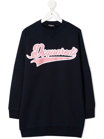 Dsquared2 Logo Print Cotton Sweat Dress In Blue