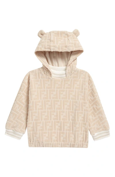 Shop Fendi Velour Ff Logo Hoodie In Beige