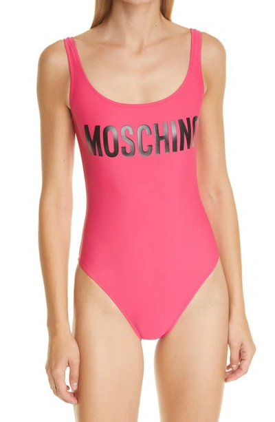 Shop Moschino Logo One-piece Swimsuit In Fantasy Print Fuchsia