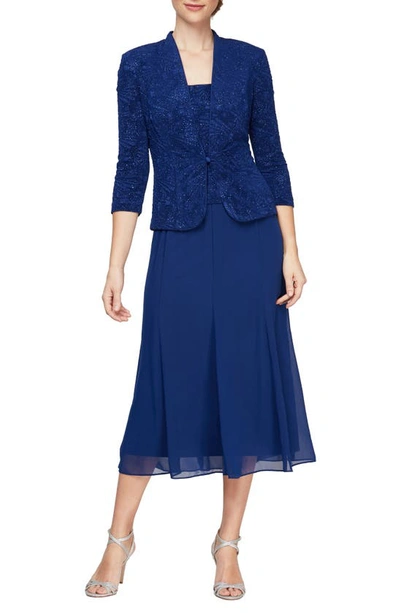 Alex Evenings Glitter Mock Two-piece Midi Dress With Jacket In Electric/blue