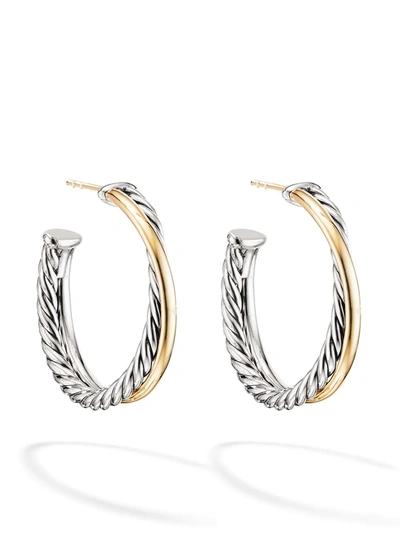 Shop David Yurman 18kt Yellow Gold And Sterling Silver Crossover Hoop Earrings