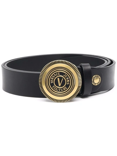 Shop Versace Jeans Couture Engraved-logo Buckle Belt In Schwarz