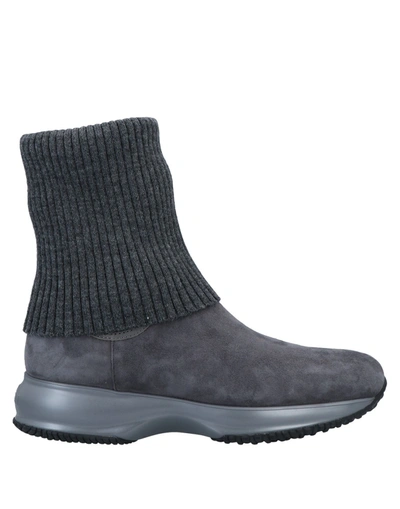 Shop Hogan Woman Ankle Boots Grey Size 5.5 Soft Leather, Textile Fibers