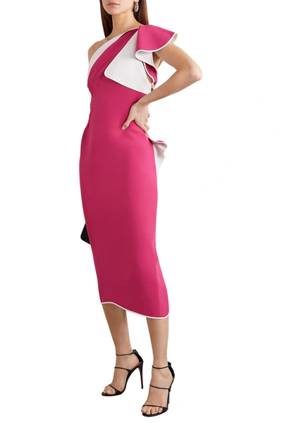 Shop Maticevski Atomised One-shoulder Draped Cady Midi Dress In Fuchsia