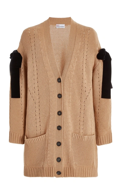 Shop Red Valentino Women's Bow-trimmed Pointelle-knit Cardigan In Brown