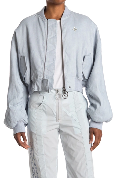 Shop Off-white Linen Blend Cropped Varsity Bomber Jacket In Blue