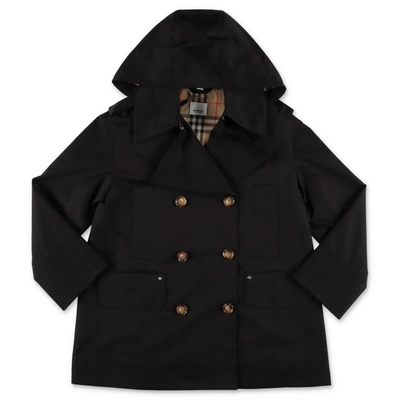 Shop Burberry Trench Nero Merel In Cotone Con Cappuccio