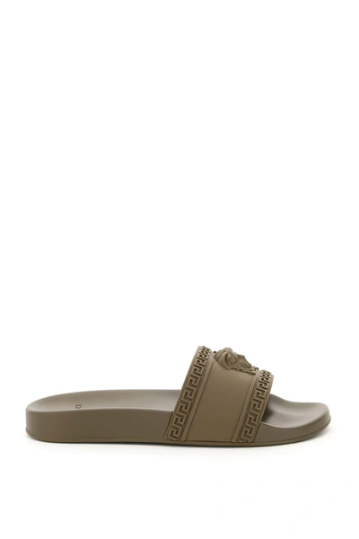 Shop Versace Medusa Pvc Slides In Khaki (khaki)