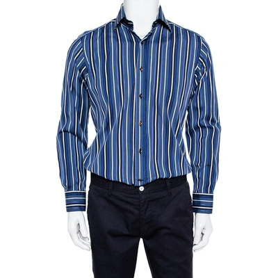 Pre-owned Etro Blue Striped Cotton Button Front Shirt M