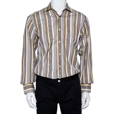 Pre-owned Etro Yellow & Navy Blue Striped Cotton Button Front Shirt S