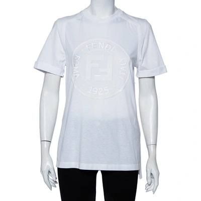 Pre-owned Fendi White Sequin Embellished Logo Embroidered Cotton Fringed Detail T Shirt Xxs