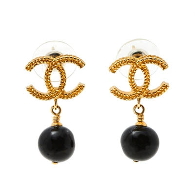 Pre-owned Chanel Black Bead Gold Tone Cc Drop Earrings