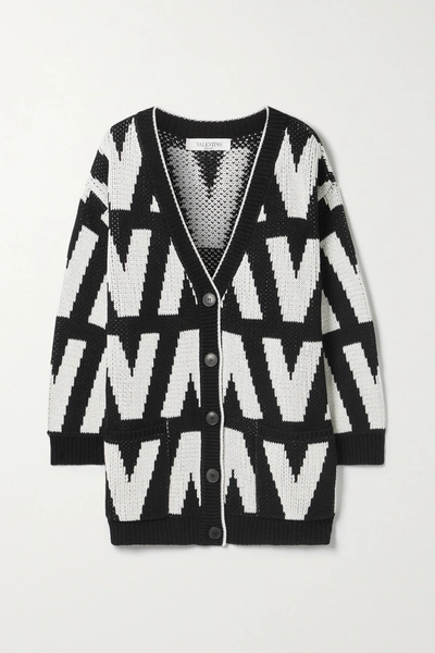 Shop Valentino Jacquard-knit Cotton Cardigan In Black