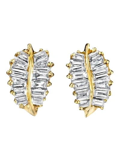 Anita Ko 18k Yellow Gold Small Palm Leaf Studs .39cts Baguette Diamonds