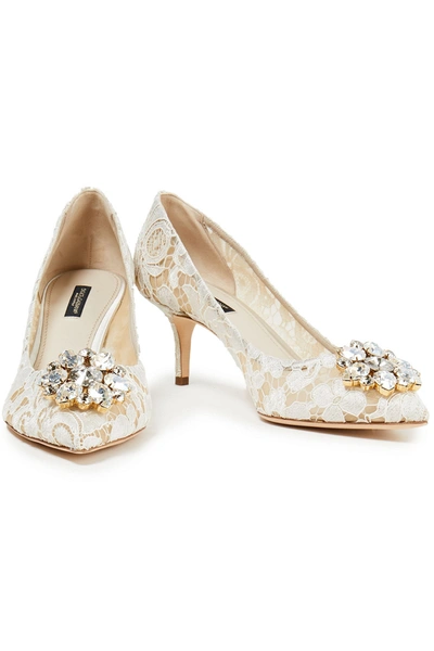 Shop Dolce & Gabbana Bellucci Crystal-embellished Corded Lace Pumps In White