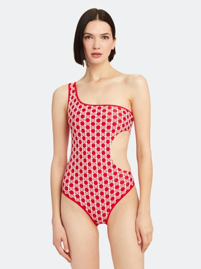 Shop Balmain One Shoulder Swimsuit In Red