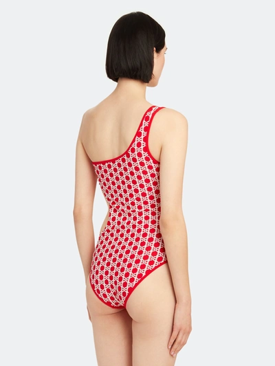 Shop Balmain One Shoulder Swimsuit In Red