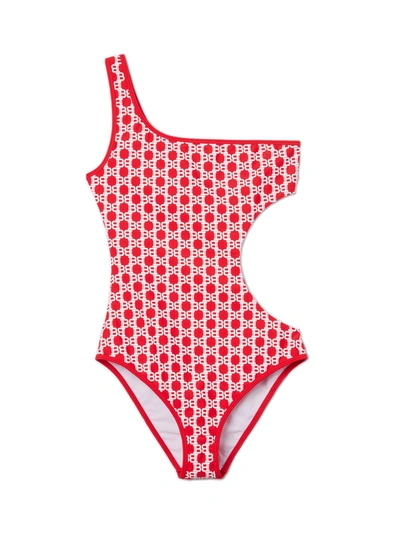 Shop Balmain One Shoulder Swimsuit In Red