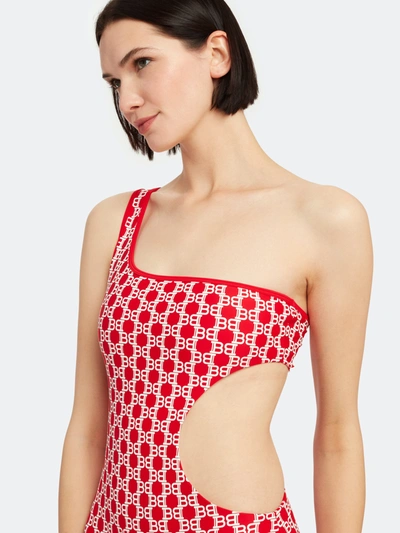 Shop Balmain One Shoulder Swimsuit In Red