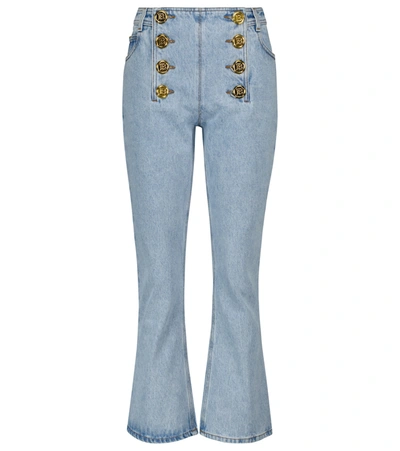 Shop Balmain Embellished Low-rise Flared Jeans In Blue