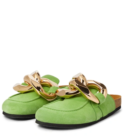 Shop Jw Anderson Embellished Suede Slippers In Green