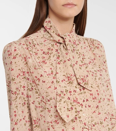 Shop Saint Laurent Floral Silk Blouse In Beige