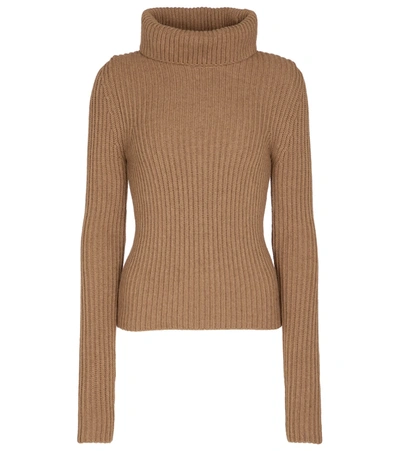 Shop Saint Laurent Ribbed-knit Wool Turtleneck Sweater In Beige