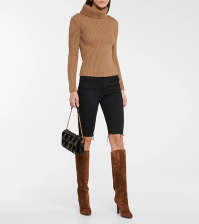 Shop Saint Laurent Ribbed-knit Wool Turtleneck Sweater In Beige