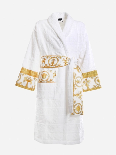 Shop Versace Cotton Bathrobe With Barocco Print Inserts In White, Gold
