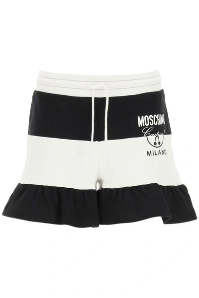 Shop Moschino Striped Shorts With Logo Print In Fantasia Bianco (white)