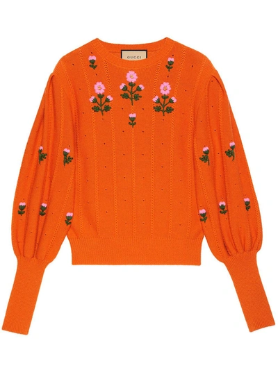 Shop Gucci Floral-embroidered Knitted Top In Orange