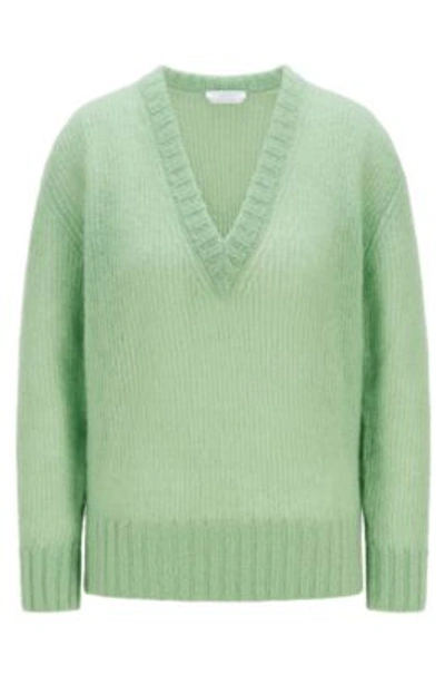 Shop Hugo Boss Relaxed Fit Sweater With Deep V Neckline In Light Green