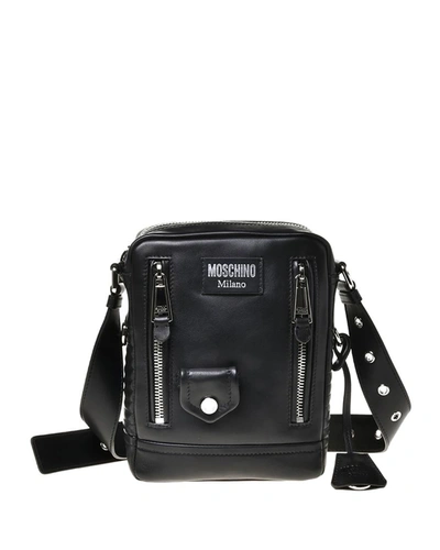 Shop Moschino Men's Multi-zip Leather Crossbody Shoulder Bag In Black