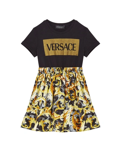Shop Versace Girl's Logo Floral-print Dress In Black Gold
