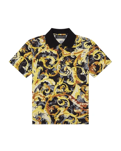 Shop Versace Boy's Baroque-print Polo Shirt In Black Gold
