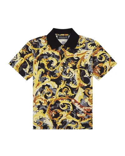 Shop Versace Boy's Baroccoflage Polo Shirt In Black Gold