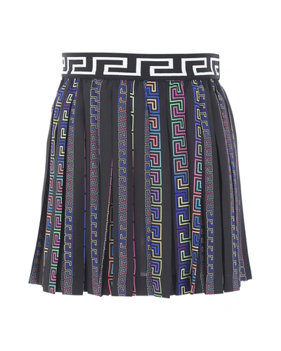 Shop Versace Girl's Neon Greca Pleated Skirt In Multicolor Black