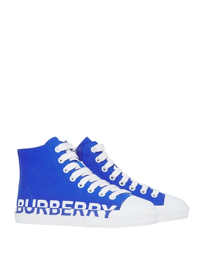 Shop Burberry Kid's Larkhall Logo Gabardine High-top Sneakers, Toddler/kids In Cobalt Blue