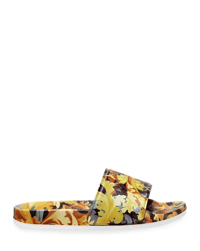 Shop Versace Girl's Baroccoflage-print Pool Slide Sandals, Kids In Black Gold