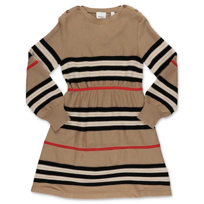Shop Burberry Kids Icon Stripe Long Sleeve Knit Dress In Beige